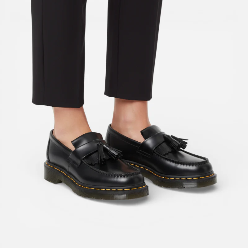 Mocassin En Cuir Véritable Noir À Glands Et Frange Surpiqure Jaune – Image 4