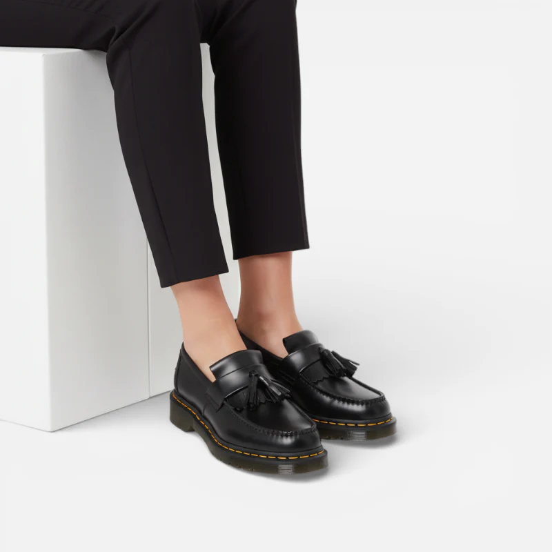 Mocassin En Cuir Véritable Noir À Glands Et Frange Surpiqure Jaune – Image 5
