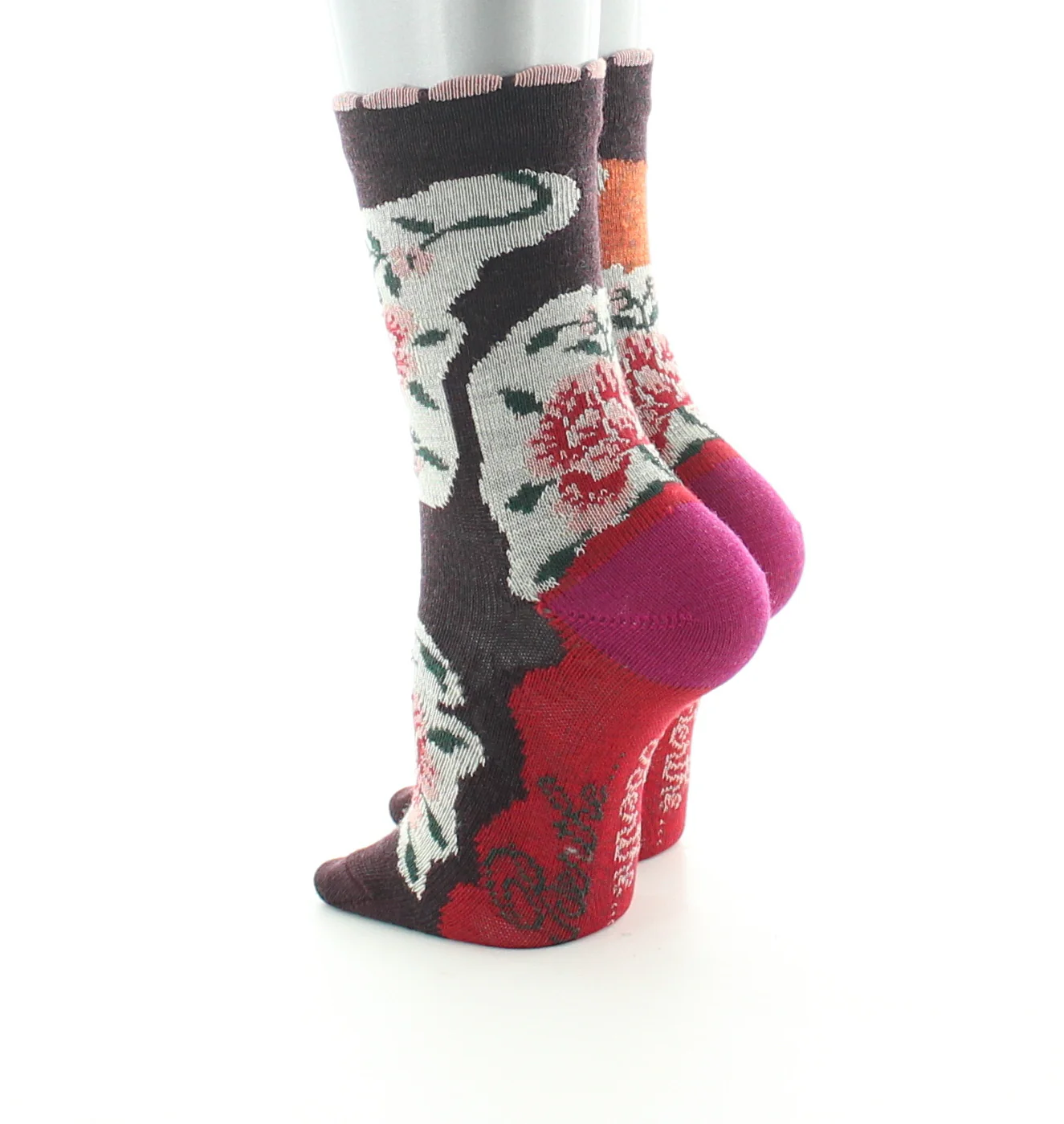 Chaussettes bébé Fleurs sur fond orange et bordeaux en laine peignée – Image 5