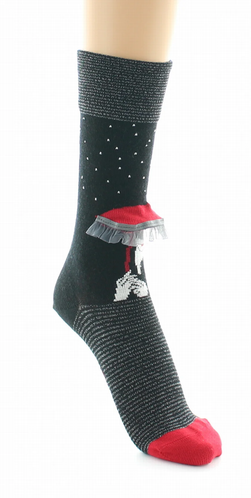 Chaussettes Femme au Parapluie en laine Noir/Rouge – Image 4