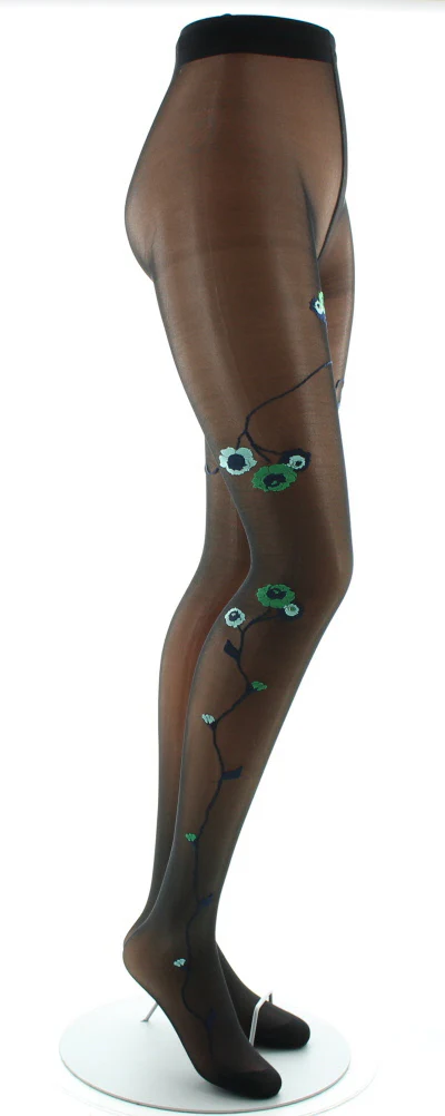 Collants Fleurs Vertes et Bleues fond Noir – Image 4