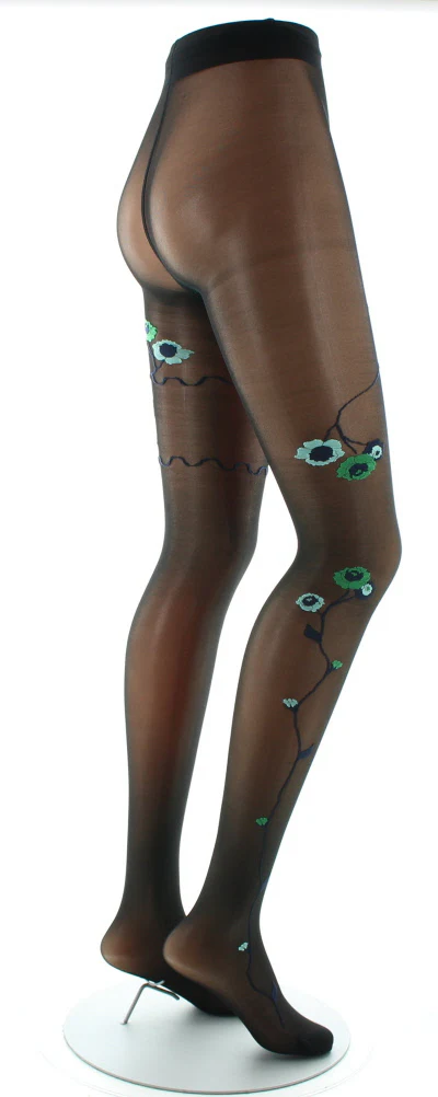 Collants Fleurs Vertes et Bleues fond Noir – Image 5